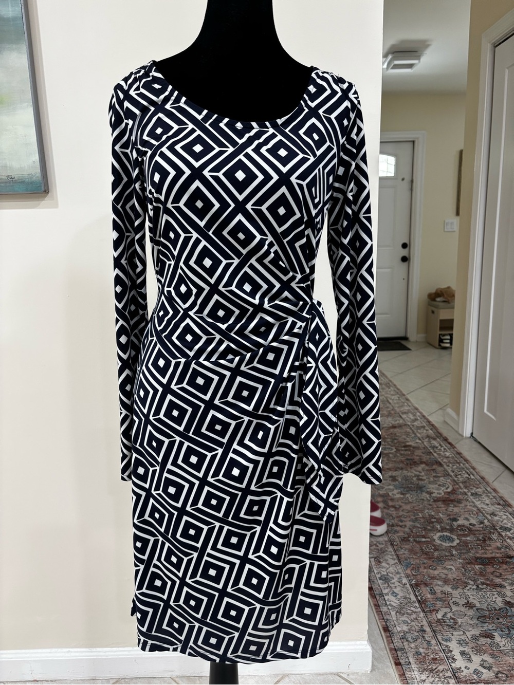 Geometric Navy and White Long-Sleeve Wrap Dress